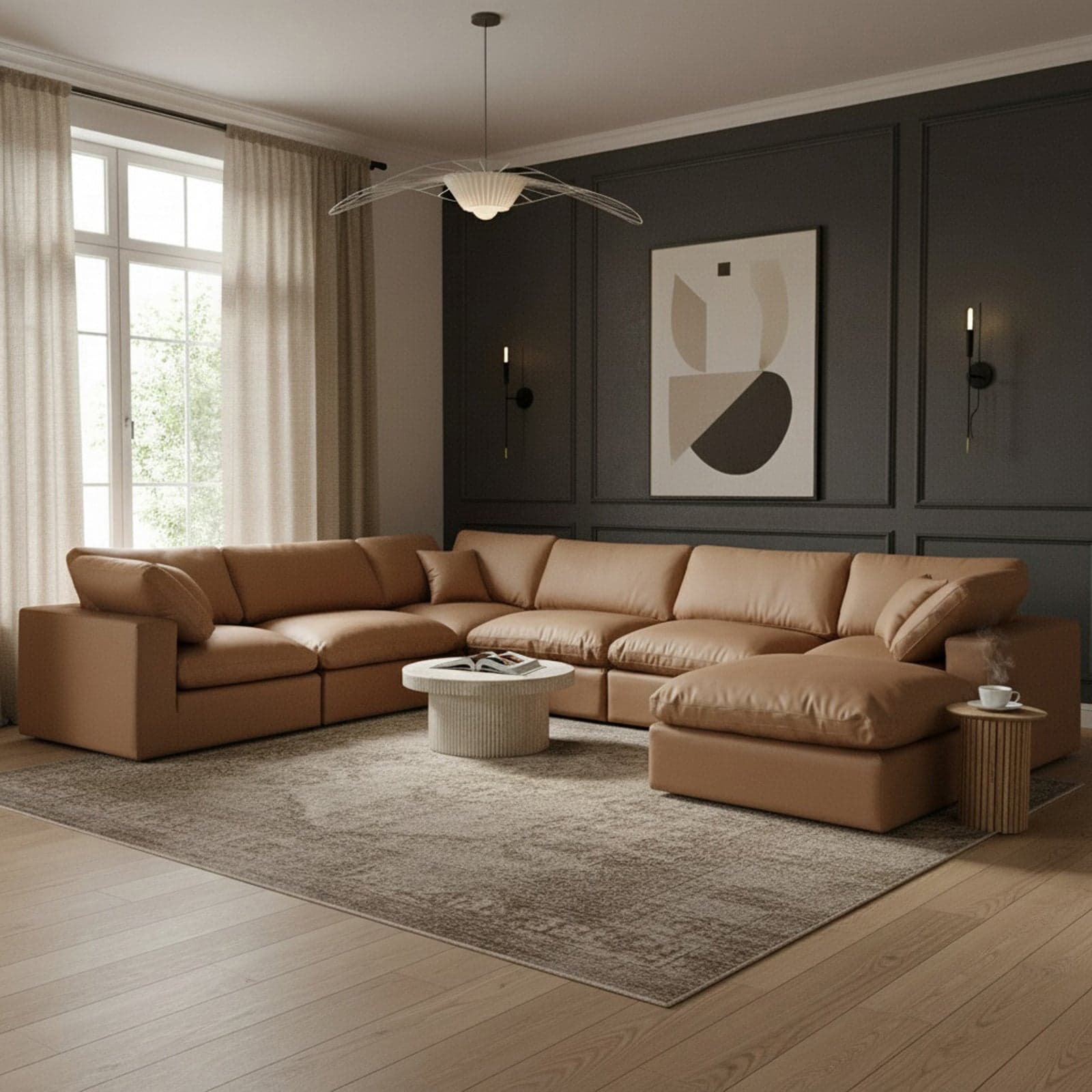 Farrah 158" Cognac Vegan Leather Upholstered Sectional, 7-Piece — Vista 1 (1/3)