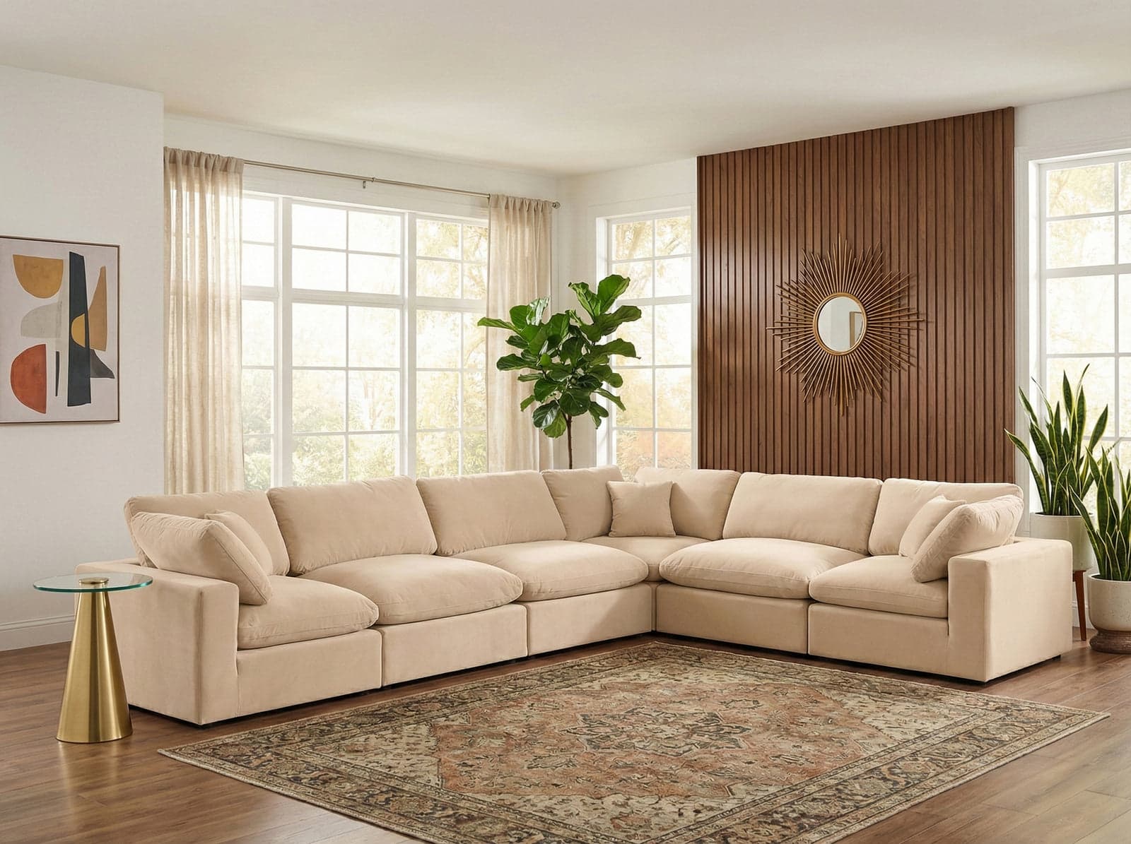 Farrah 158" Beige Velvet Upholstered Sectional, 6-Piece — View 1 (1/3)
