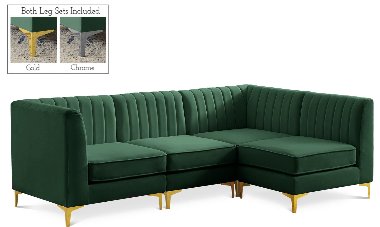 Quinn 91" Green Velvet Upholstered Sectional, 4-Piece — View 1 (1/3)
