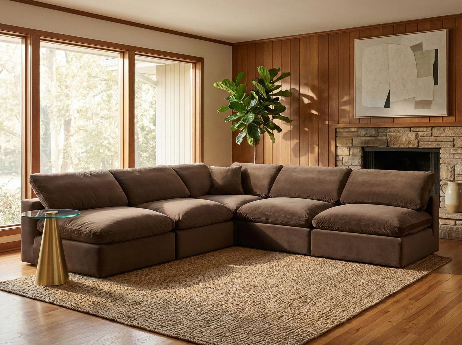 Farrah 118" Brown Velvet Upholstered Sectional, 5-Piece — Vista 1 (1/3)