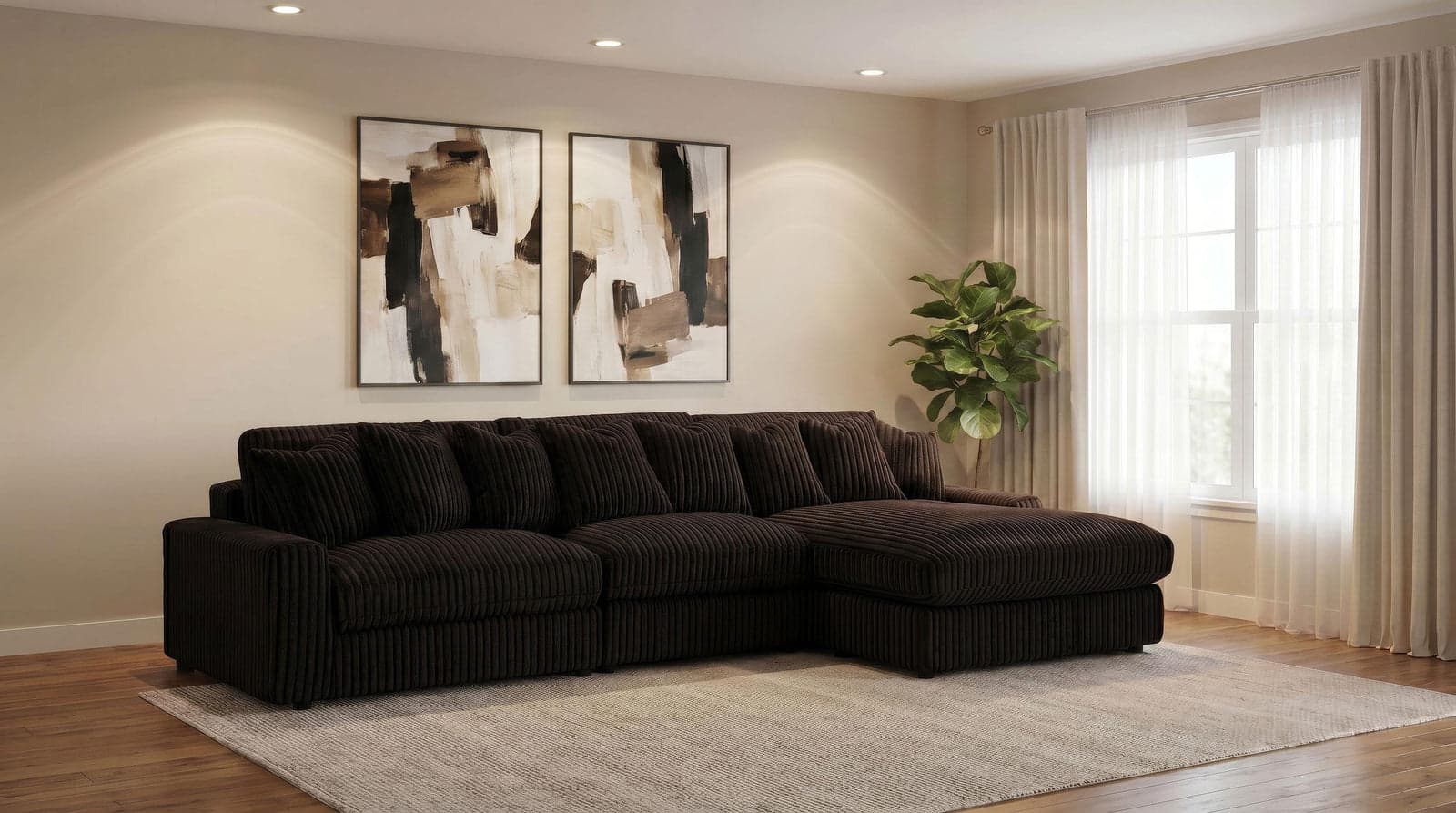 Ruth 3-Piece Corduroy Reversible Chaise Sectional Sofa Chocolate Brown — Vista 1 (1/3)