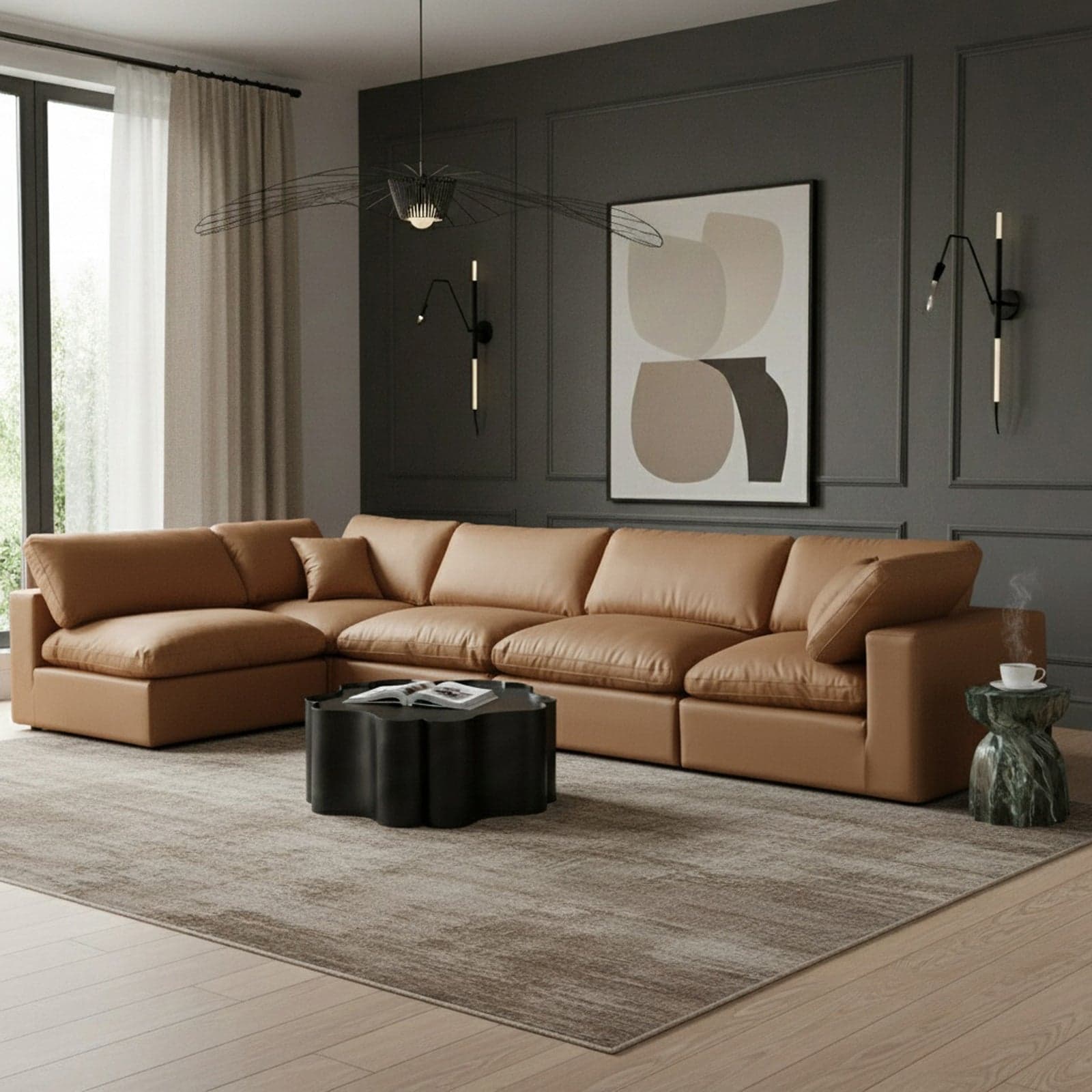 Farrah 158" Cognac Vegan Leather Upholstered Sectional, 5-Piece (Style 2) — Vista 1 (1/3)