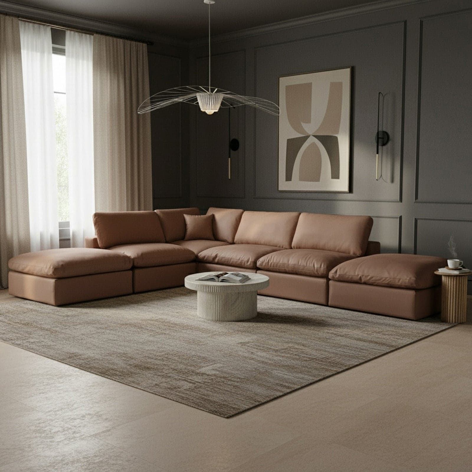 Farrah 157" Brown Vegan Leather Upholstered Sectional, 6-Piece — Vista 1 (1/3)