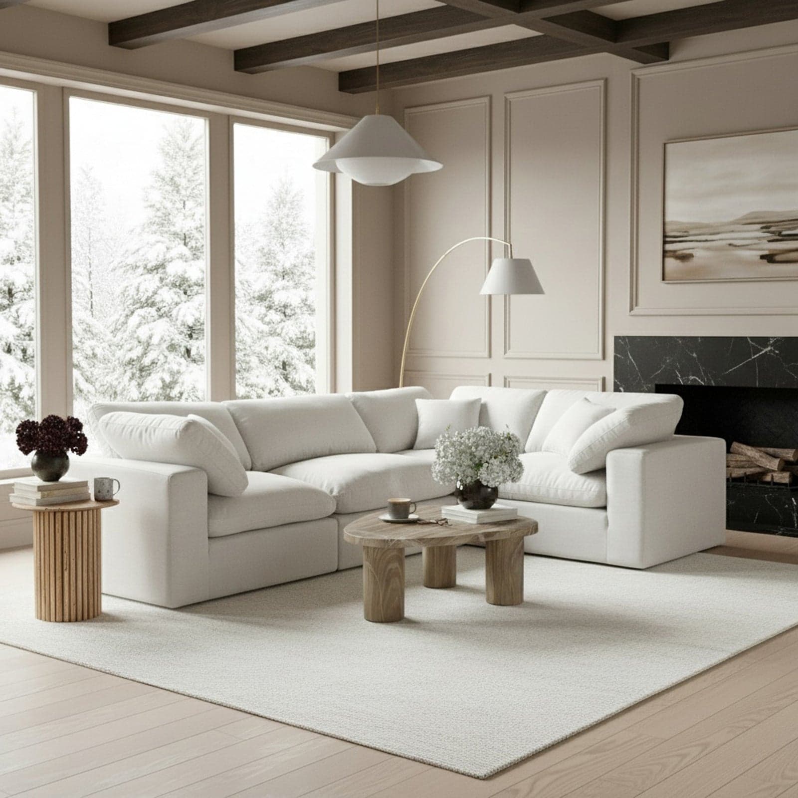 Farrah 119" White Linen Textured Fabric Upholstered Sectional, 4-Piece (Style 3) — Vista 1 (1/3)