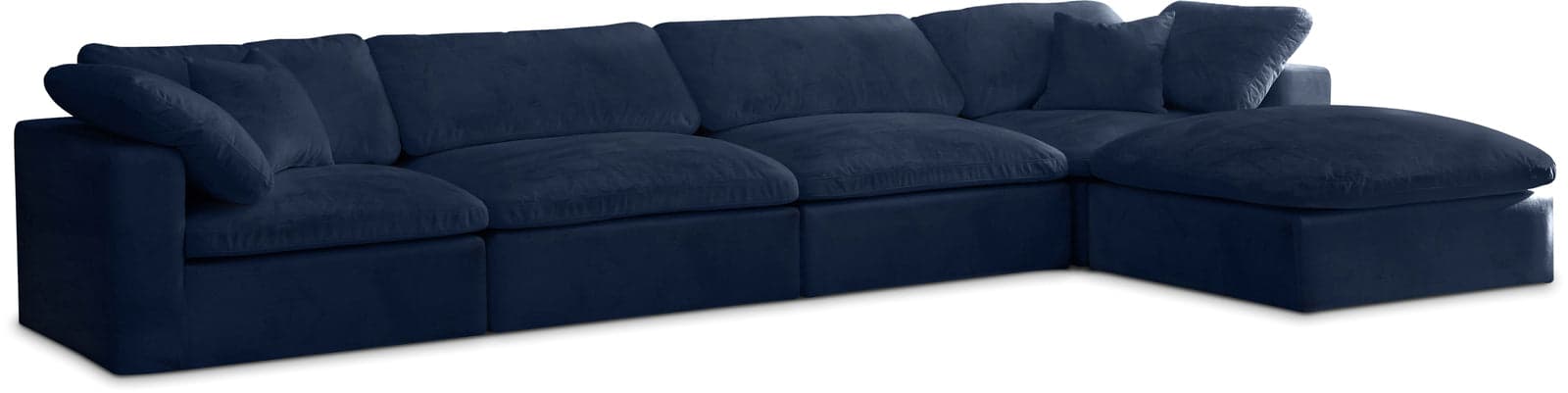 Florence 158" Navy Velvet Upholstered Overstuffed Fiber Filled Comfort Sectional, 5-Piece — Vista 1 (1/3)