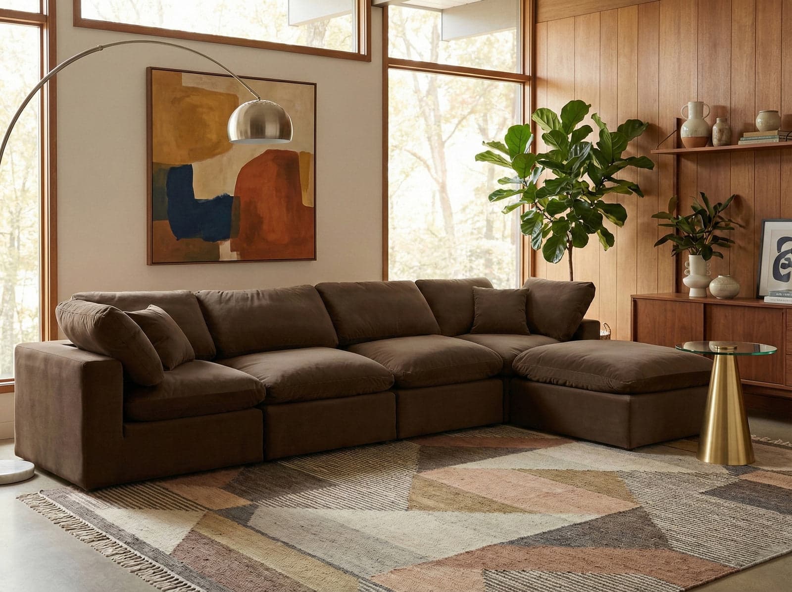 Farrah 158" Brown Velvet Upholstered Sectional, 5-Piece — Vista 1 (1/3)
