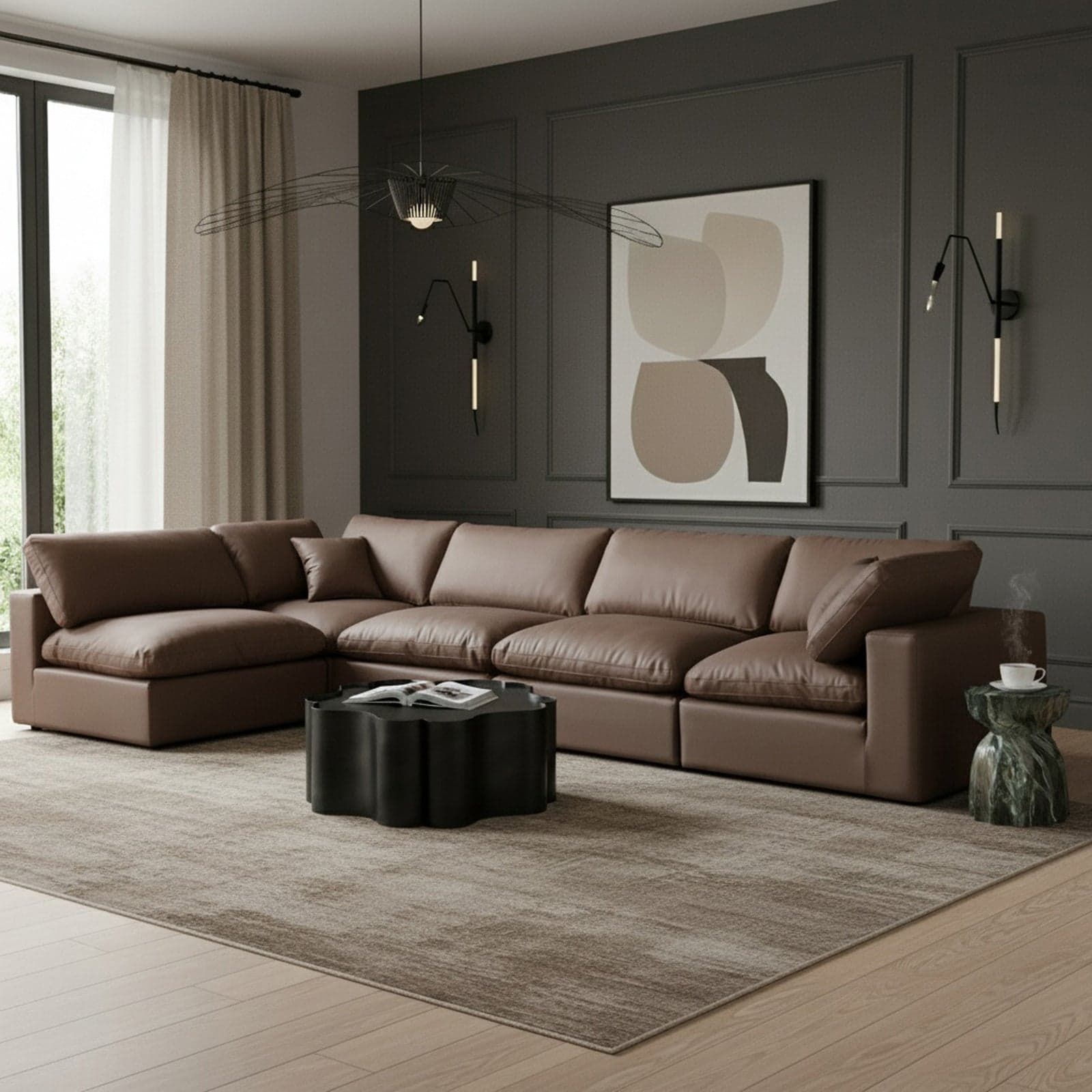 Farrah 158" Brown Vegan Leather Upholstered Sectional, 5-Piece (Style 2) — View 1 (1/3)