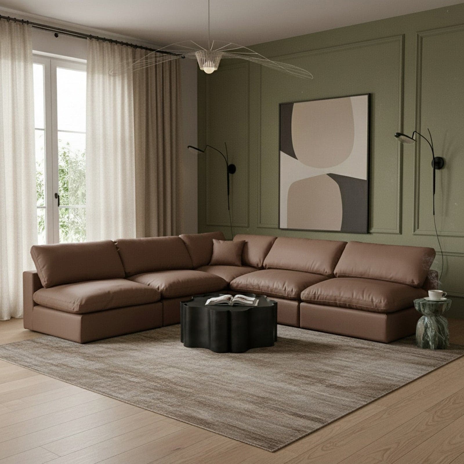 Farrah 118" Brown Vegan Leather Upholstered Sectional, 5-Piece — View 1 (1/3)