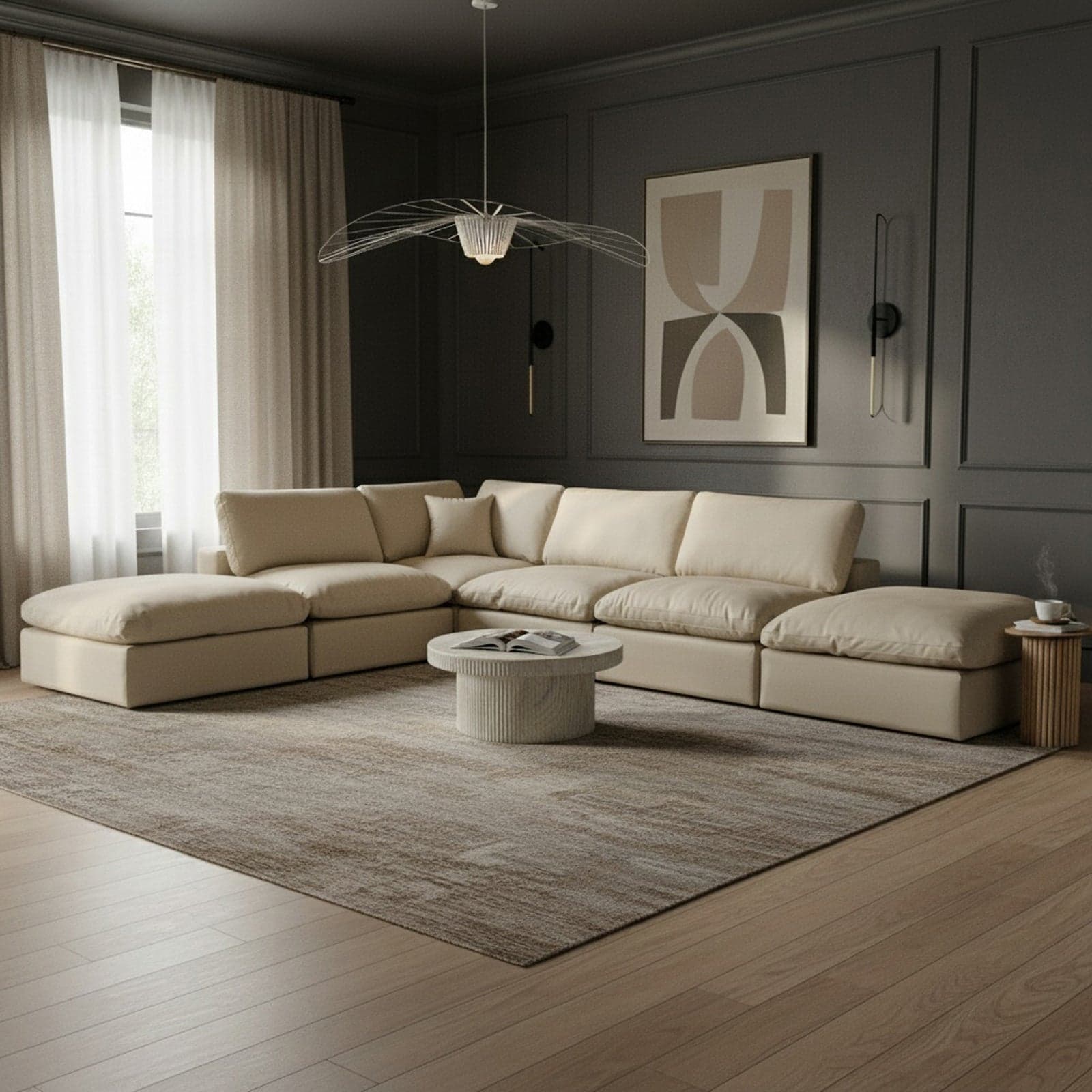 Farrah 157" Cream Vegan Leather Upholstered Sectional, 6-Piece — Vista 1 (1/3)