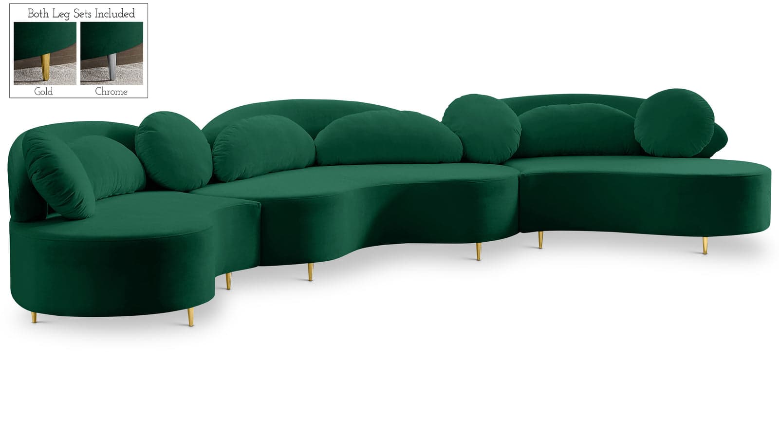 Selene 169" Green Velvet Upholstered Sectional, 3-Piece — Vista 1 (1/3)
