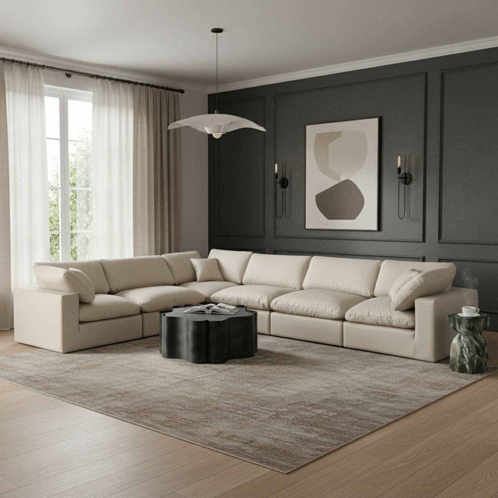Farrah 158" Cream Vegan Leather Upholstered Sectional, 6-Piece — View 1 (1/3)
