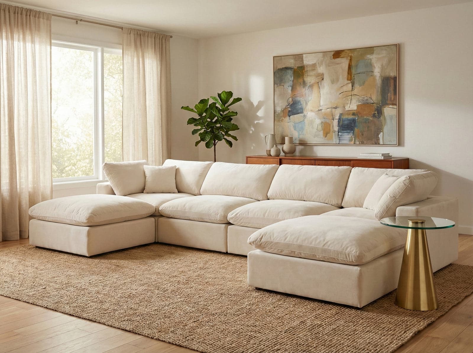 Farrah 158" Cream Velvet Upholstered Sectional, 6-Piece (Style 2) — View 1 (1/3)