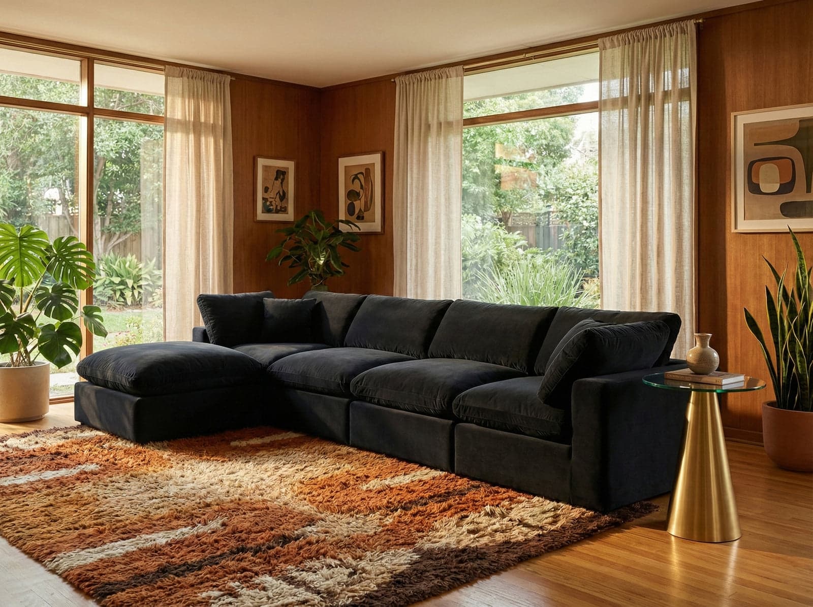 Farrah 158" Black Velvet Upholstered Sectional, 5-Piece — Vista 1 (1/3)