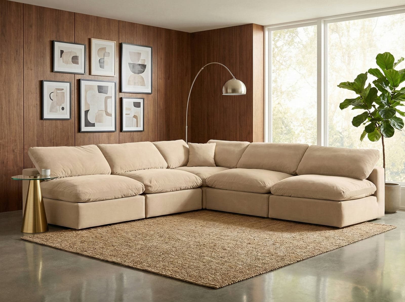 Farrah 118" Beige Velvet Upholstered Sectional, 5-Piece — Vista 1 (1/3)