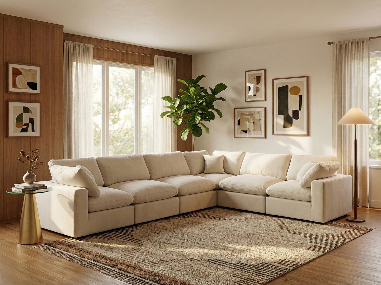 Farrah 158" Cream Velvet Upholstered Sectional, 6-Piece — View 1 (1/3)