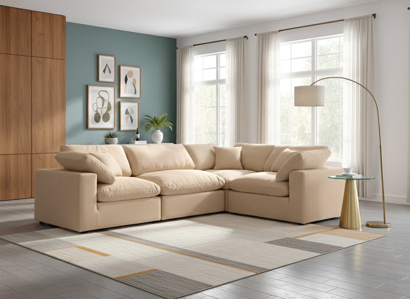 Farrah 119" Beige Velvet Upholstered Sectional, 4-Piece (Style 3) — Vista 1 (1/3)