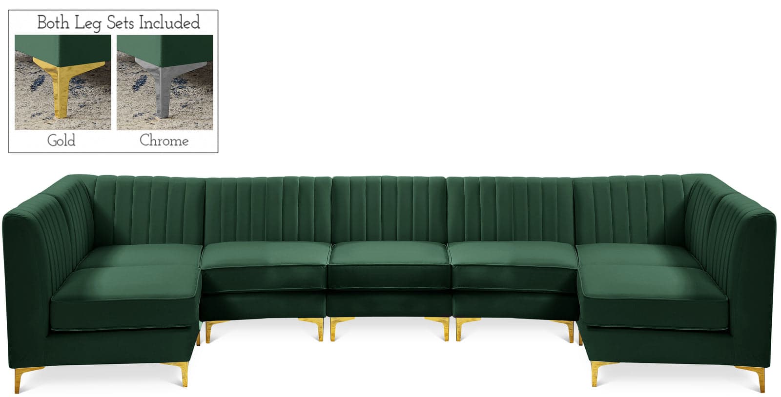 Quinn 142" Green Velvet Upholstered Sectional, 7-Piece — Vista 1 (1/3)