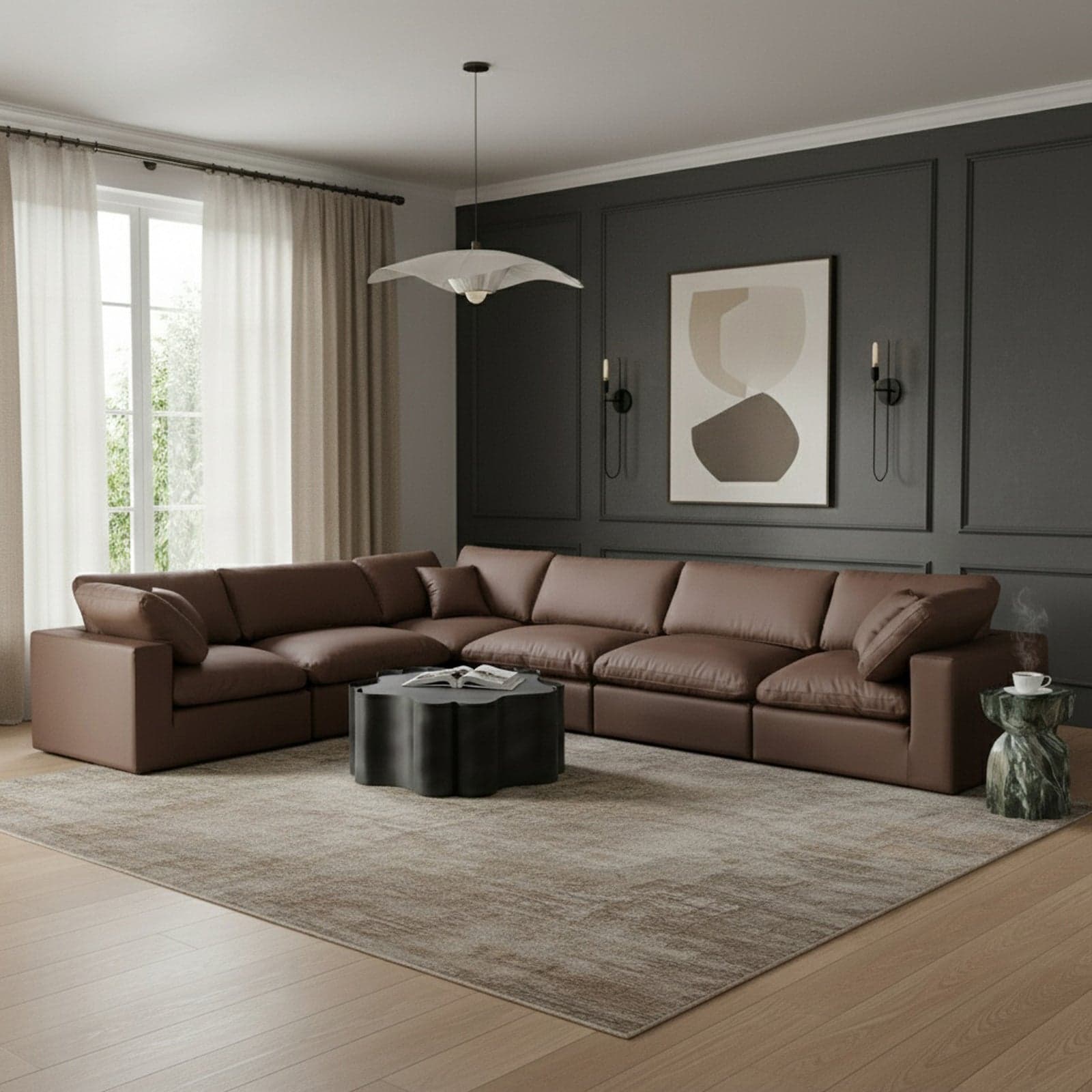 Farrah 158" Brown Vegan Leather Upholstered Sectional, 6-Piece — View 1 (1/3)