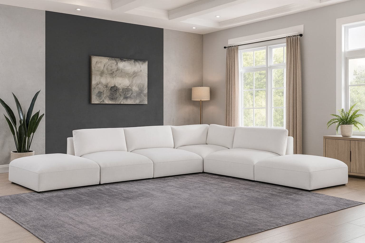 Hadley 152" Cream Fabric Upholstered Sectional, 6-Piece (Style 4) — View 1 (1/3)