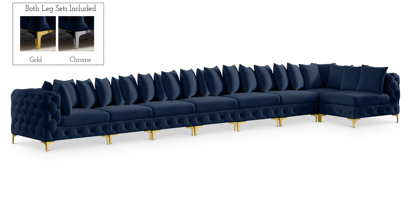 Monroe 228" Navy Velvet Upholstered Sectional, 8-Piece — Vista 1 (1/3)