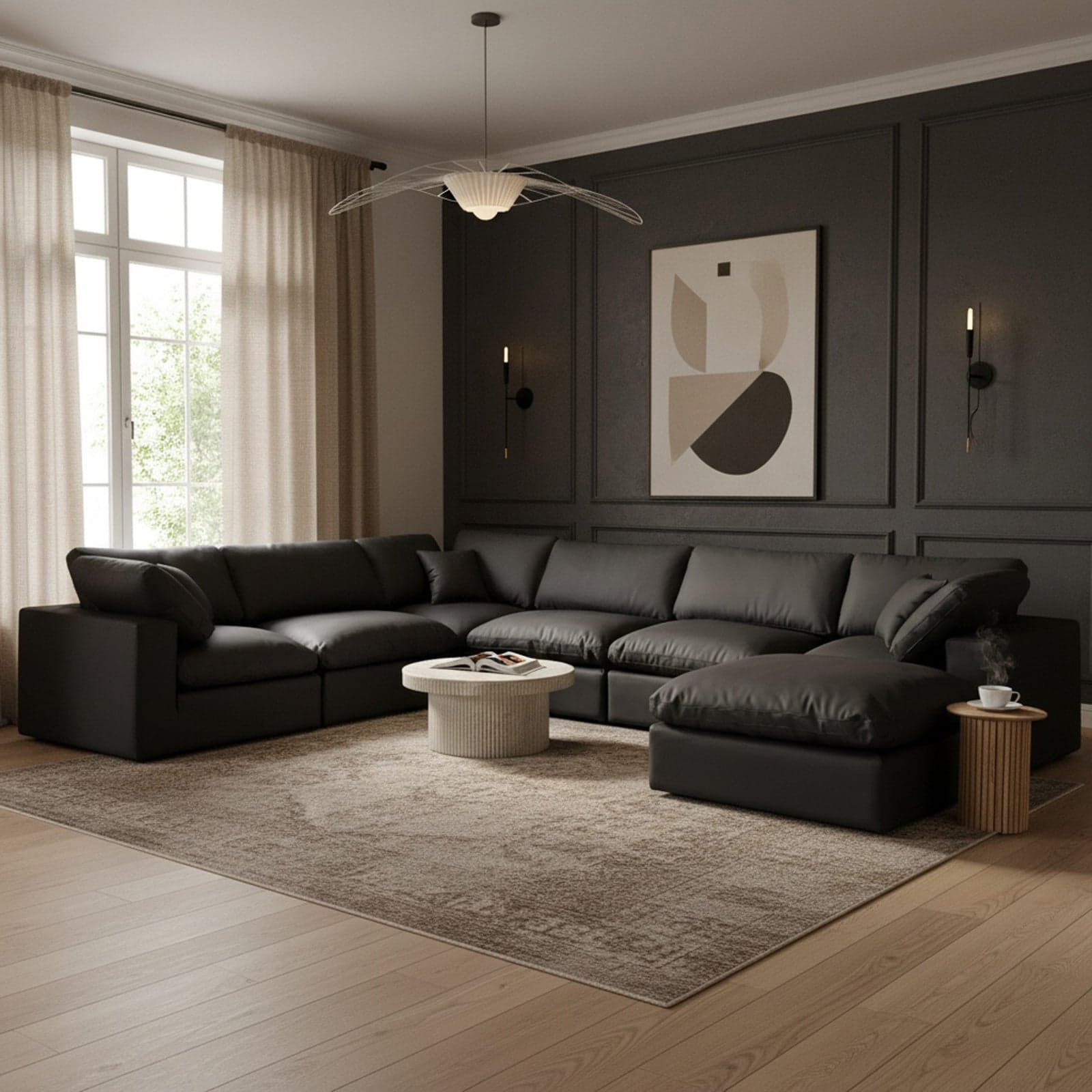 Farrah 158" Black Vegan Leather Upholstered Sectional, 7-Piece — Vista 1 (1/3)