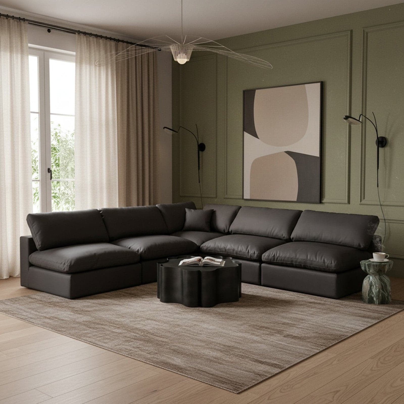 Farrah 118" Black Vegan Leather Upholstered Sectional, 5-Piece — Vista 1 (1/3)