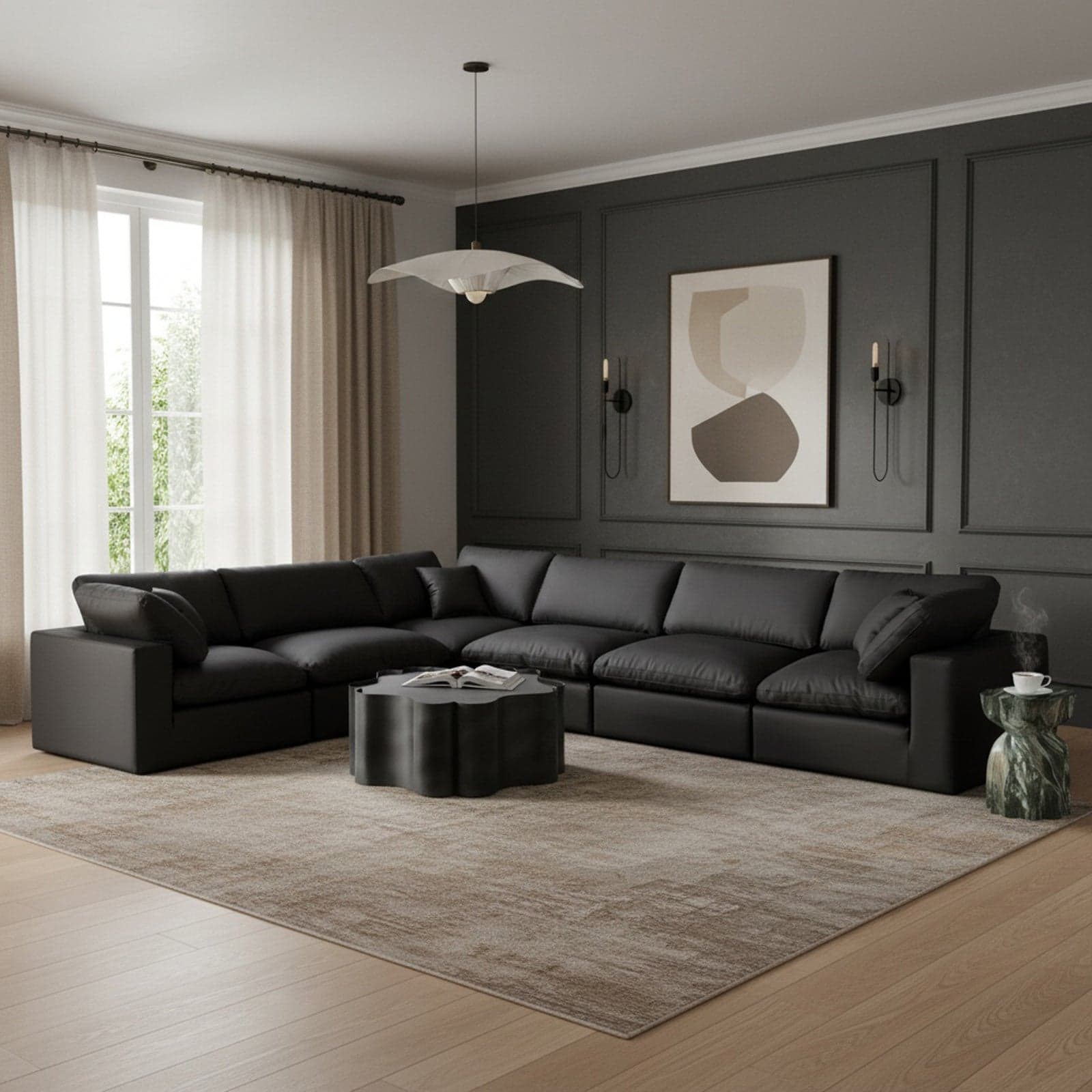 Farrah 158" Black Vegan Leather Upholstered Sectional, 6-Piece — View 1 (1/3)