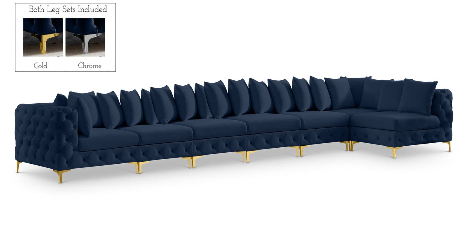 Monroe 198" Navy Velvet Upholstered Sectional, 7-Piece — Vista 1 (1/3)