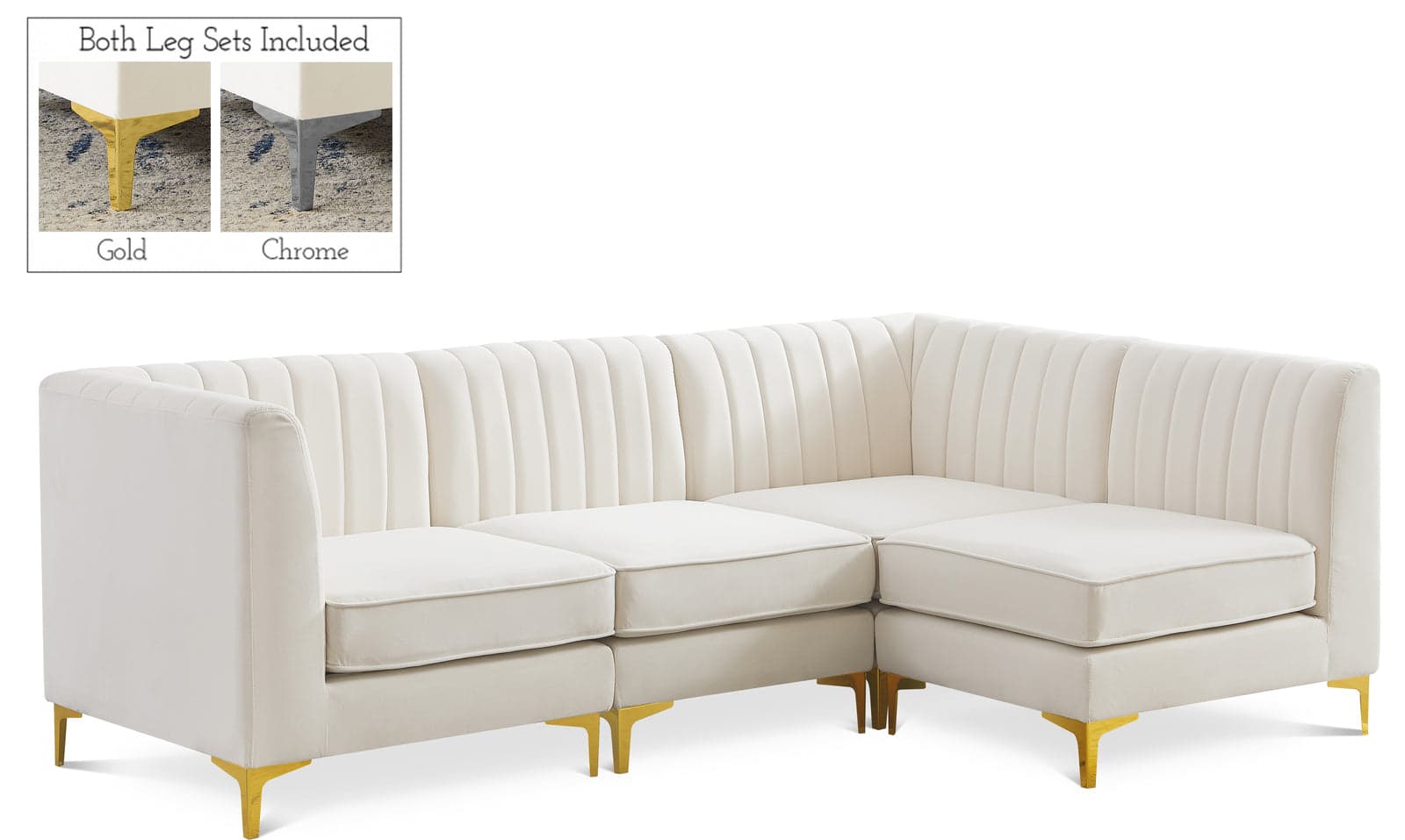 Quinn 91" Cream Velvet Upholstered Sectional, 4-Piece — View 1 (1/3)