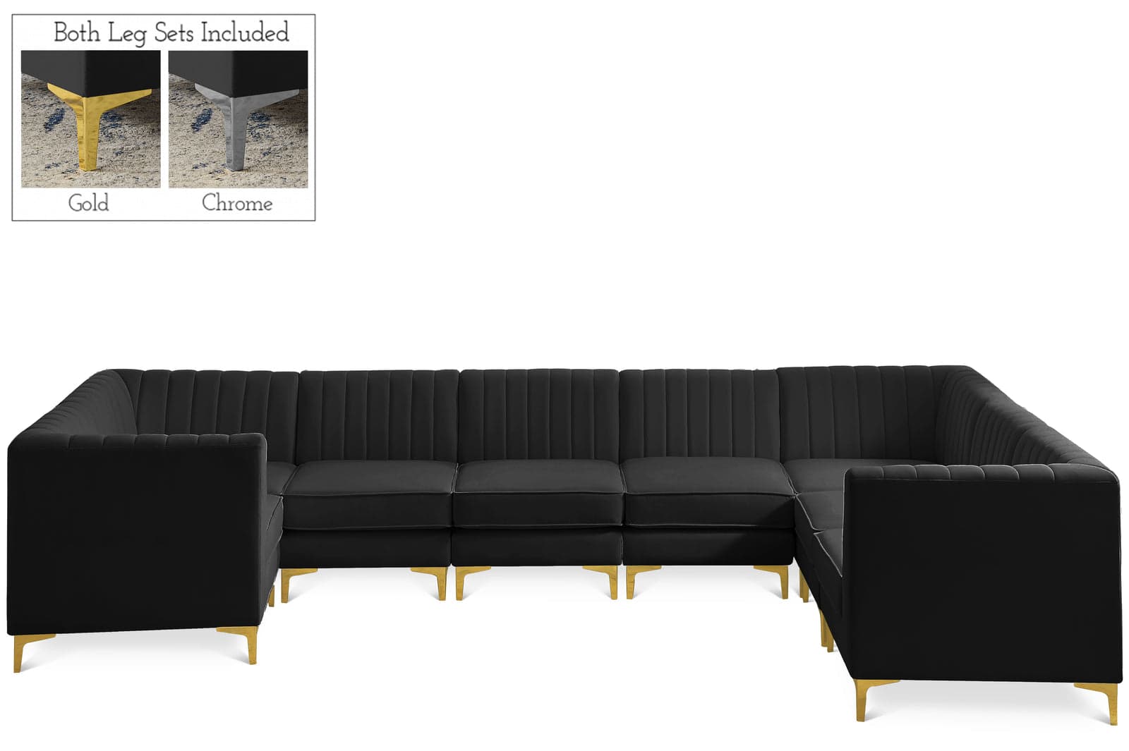 Quinn 142" Black Velvet Upholstered Sectional, 8-Piece (Style 2) — View 1 (1/3)