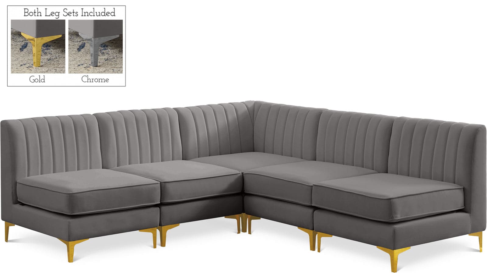 Quinn 84.5" Grey Velvet Upholstered Sectional, 5-Piece — Vista 1 (1/3)
