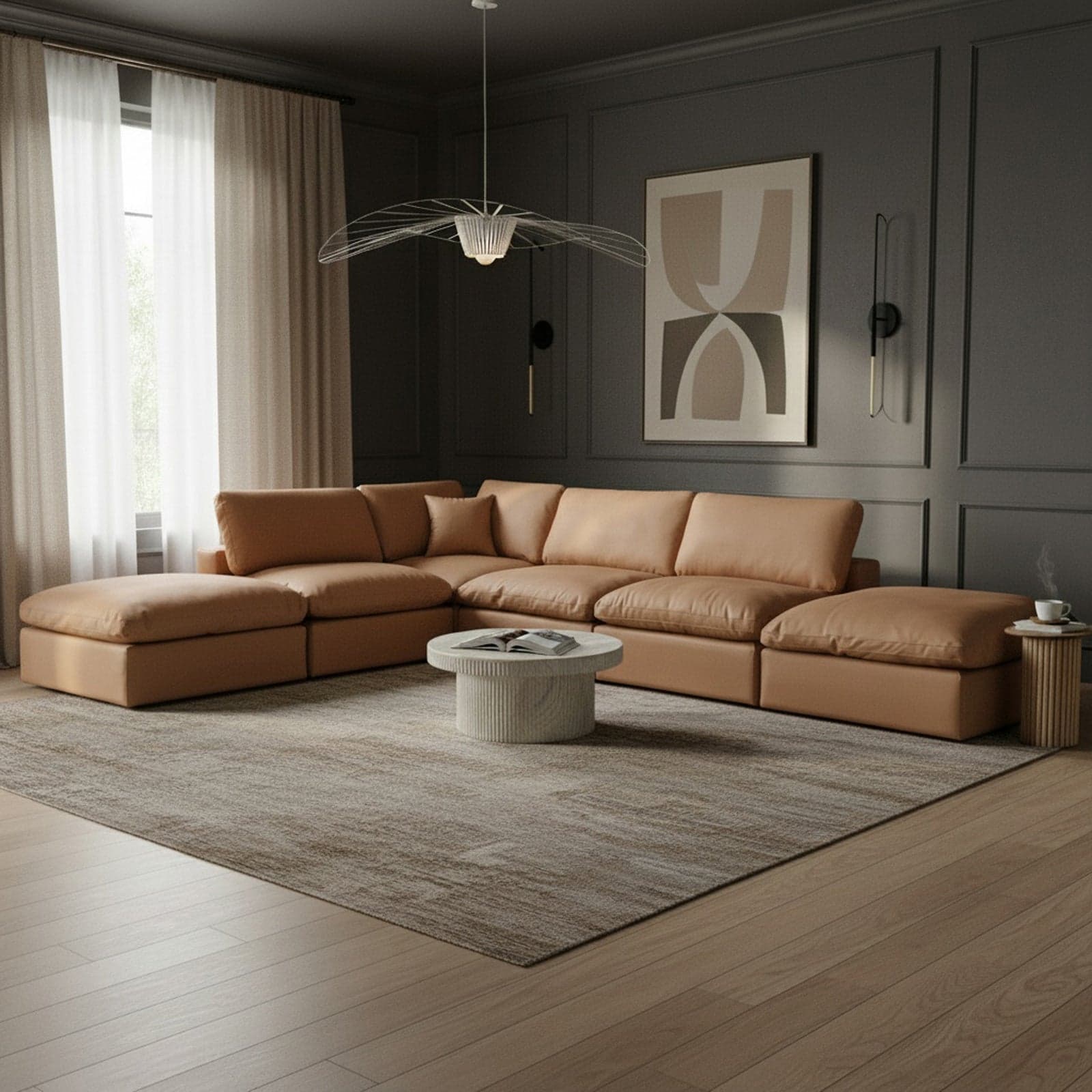 Farrah 157" Cognac Vegan Leather Upholstered Sectional, 6-Piece — Vista 1 (1/3)