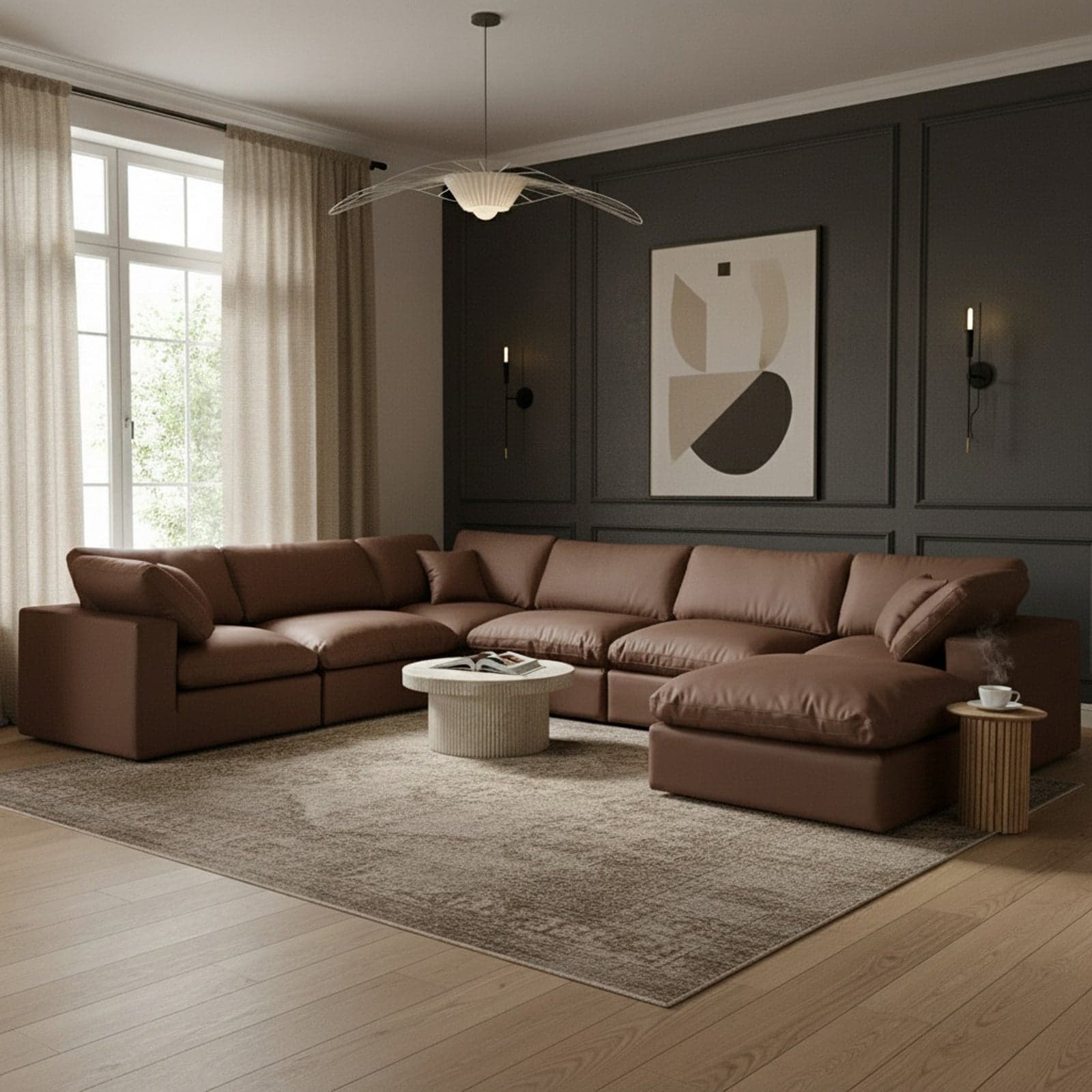 Farrah 158" Brown Vegan Leather Upholstered Sectional, 7-Piece — Vista 1 (1/3)