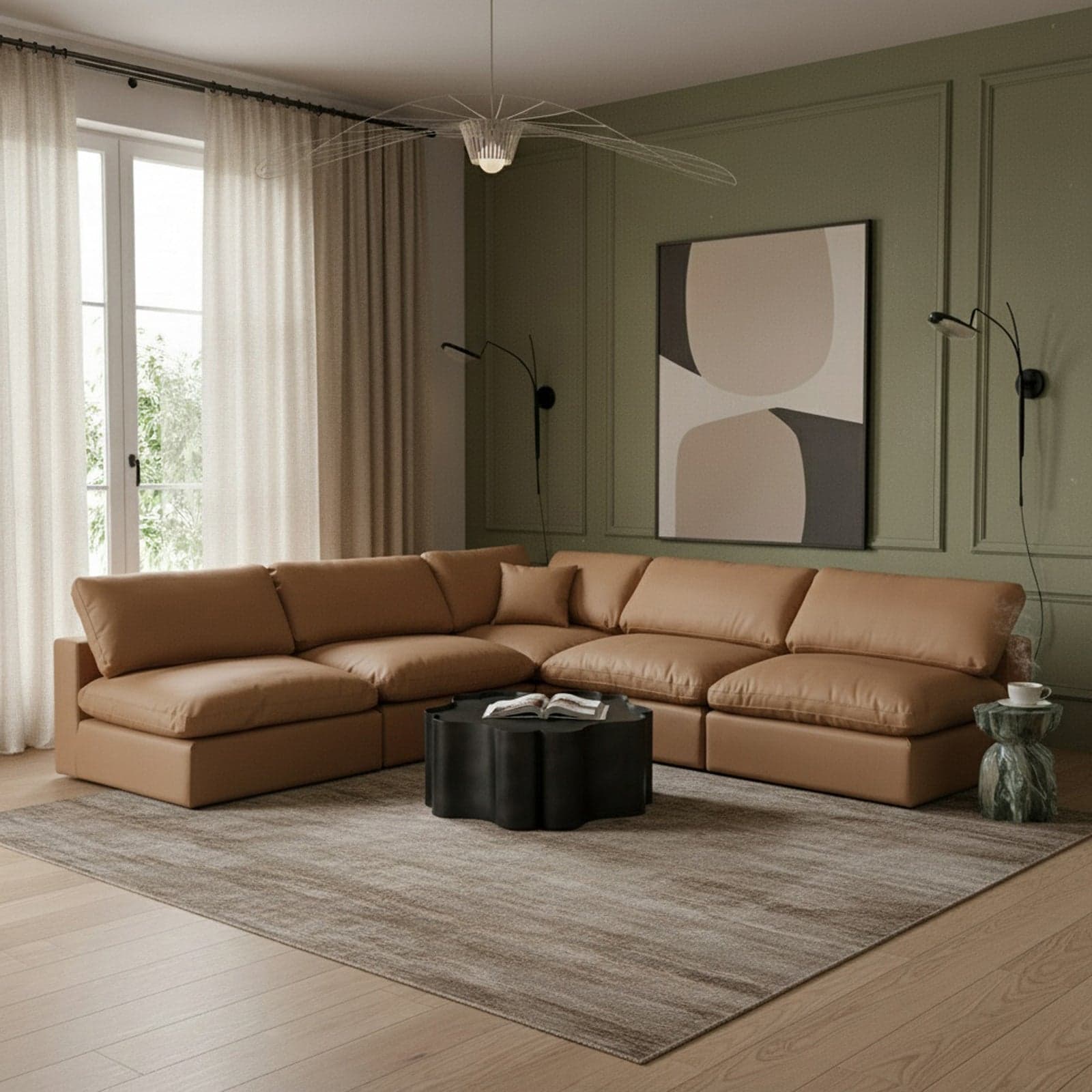 Farrah 118" Cognac Vegan Leather Upholstered Sectional, 5-Piece — Vista 1 (1/3)