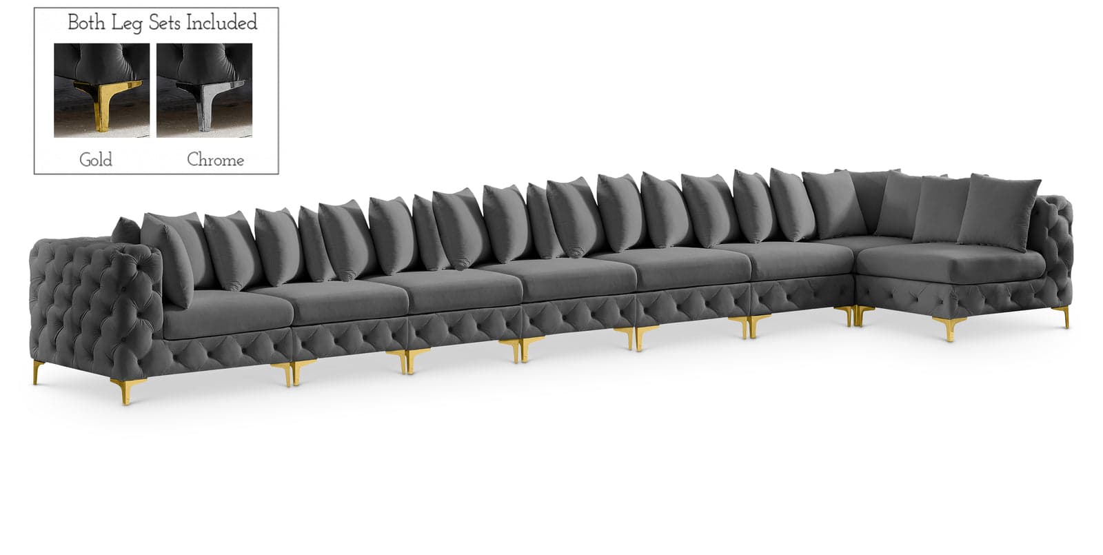 Monroe 228" Grey Velvet Upholstered Sectional, 8-Piece — Vista 1 (1/3)
