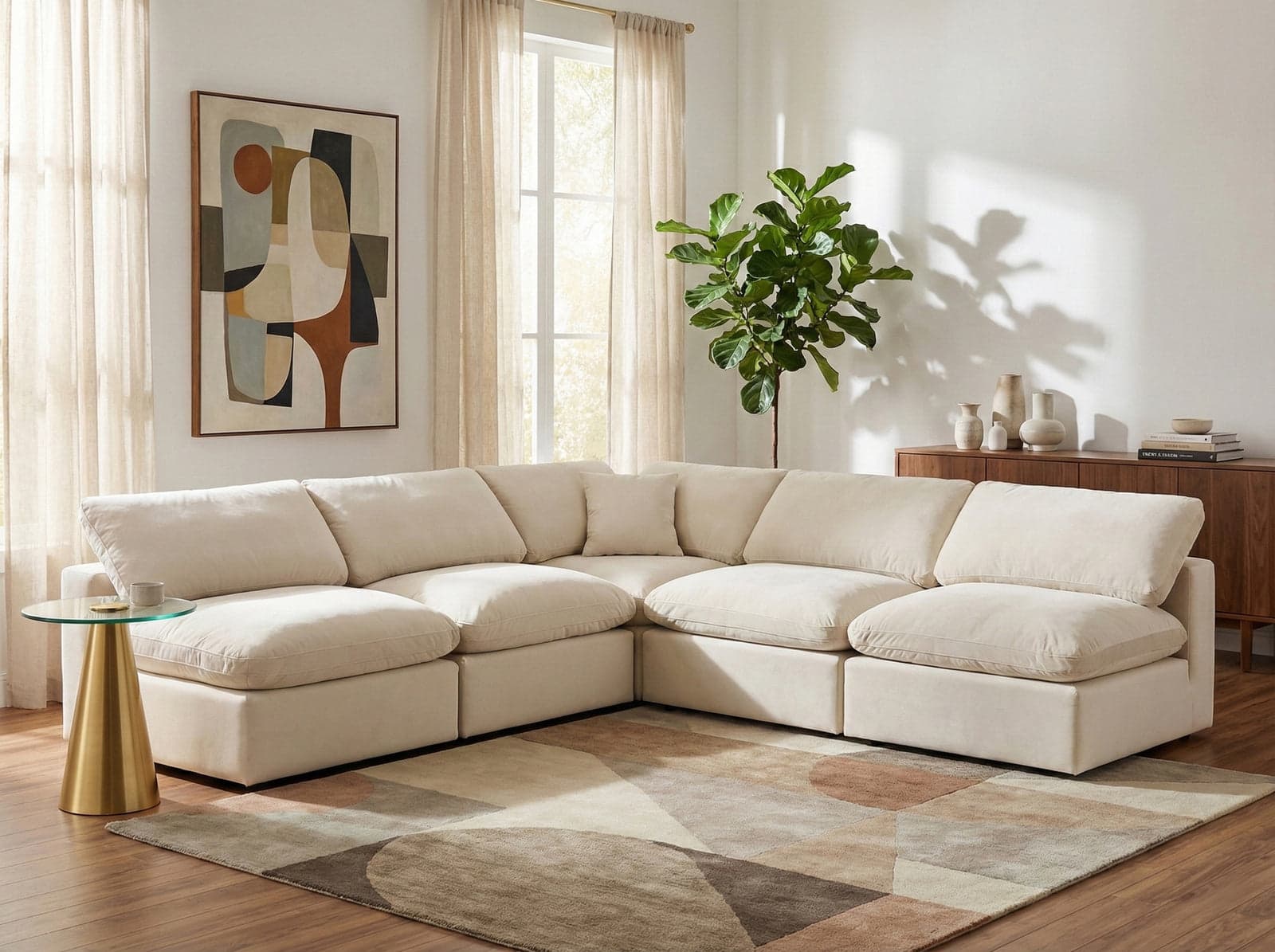 Farrah 118" Cream Velvet Upholstered Sectional, 5-Piece — Vista 1 (1/3)