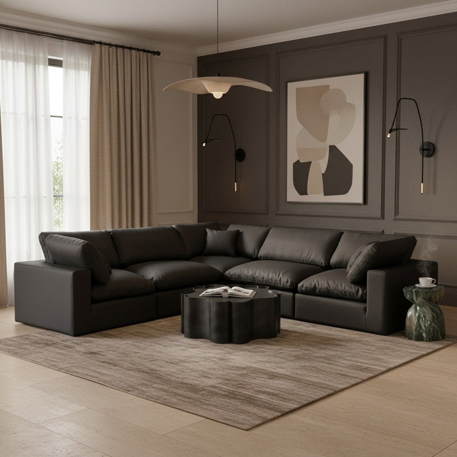Farrah 119" Black Vegan Leather Upholstered Sectional, 5-Piece — View 1 (1/3)