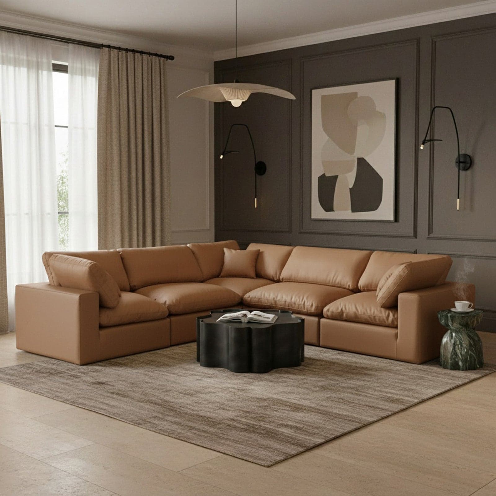 Farrah 119" Cognac Vegan Leather Upholstered Sectional, 5-Piece — Vista 1 (1/3)
