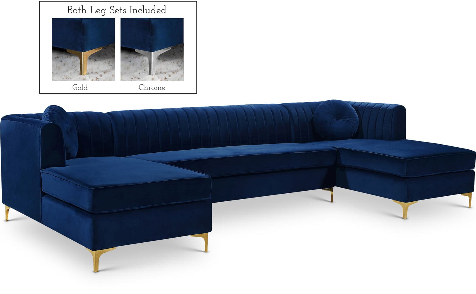 Tessa 132" Navy Velvet Upholstered Sectional, 3-Piece — Vista 1 (1/3)