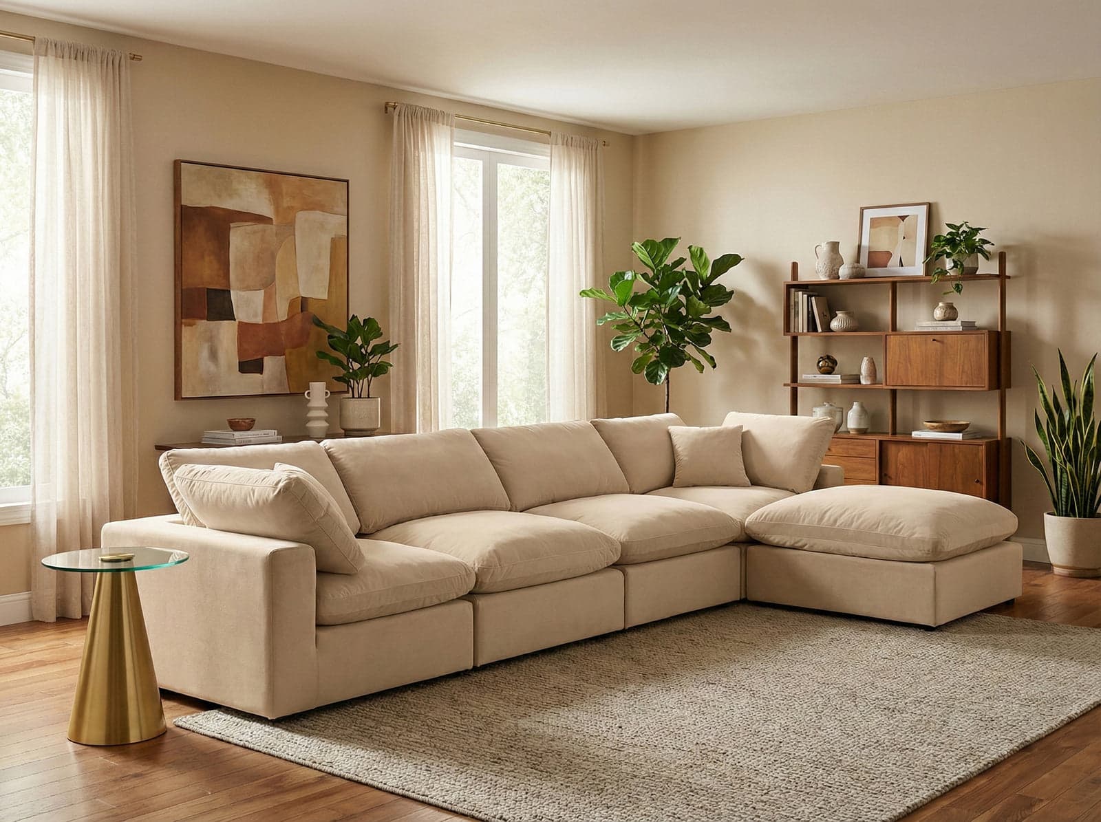 Farrah 158" Beige Velvet Upholstered Sectional, 5-Piece — Vista 1 (1/3)