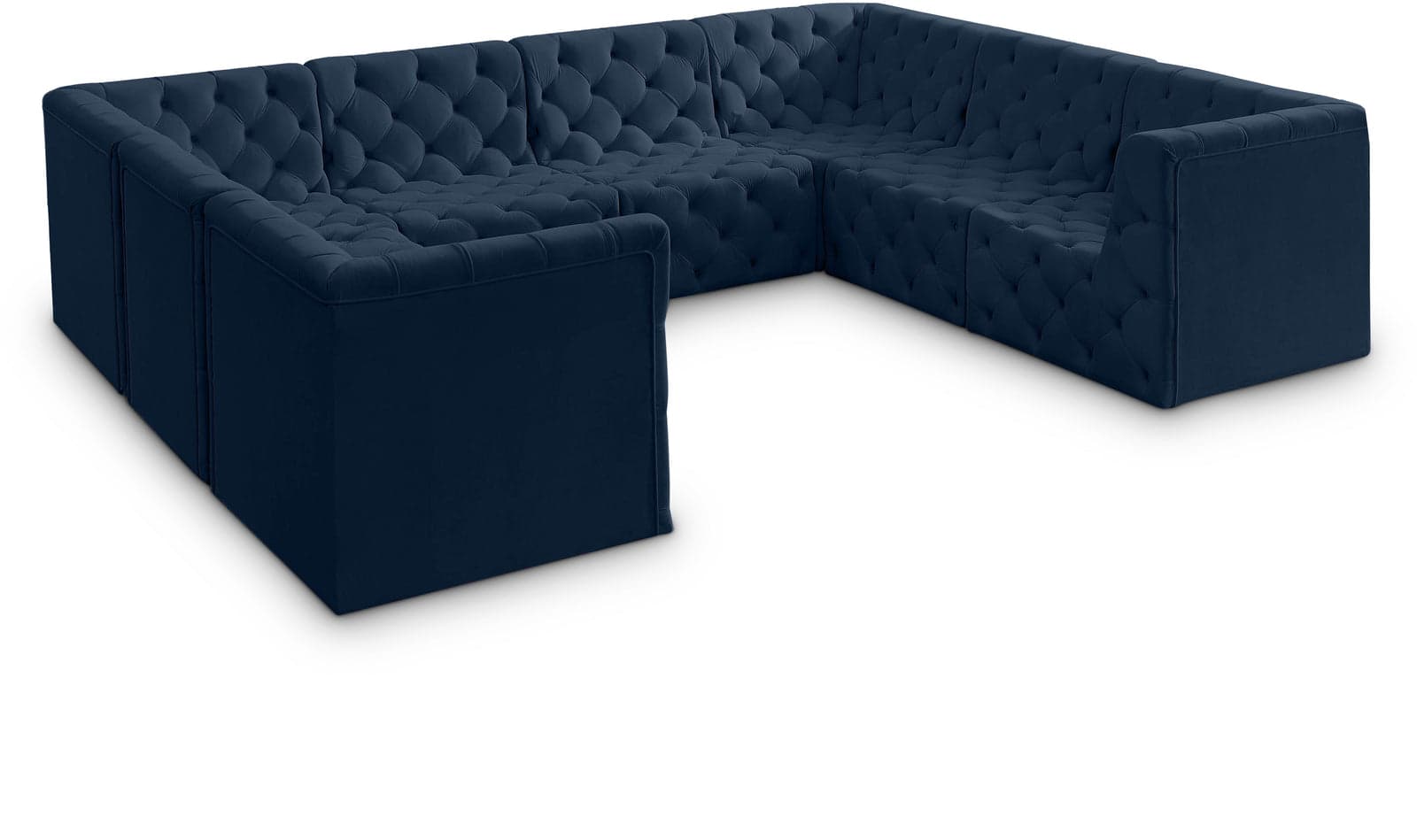 Faye 128" Navy Velvet Upholstered Sectional, 8-Piece — Vista 1 (1/3)