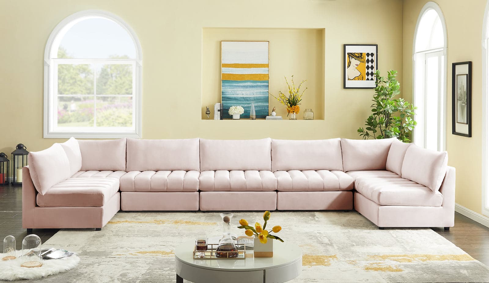 Rowan 177" Pink Velvet Upholstered Sectional, 7-Piece — Vista 1 (1/3)