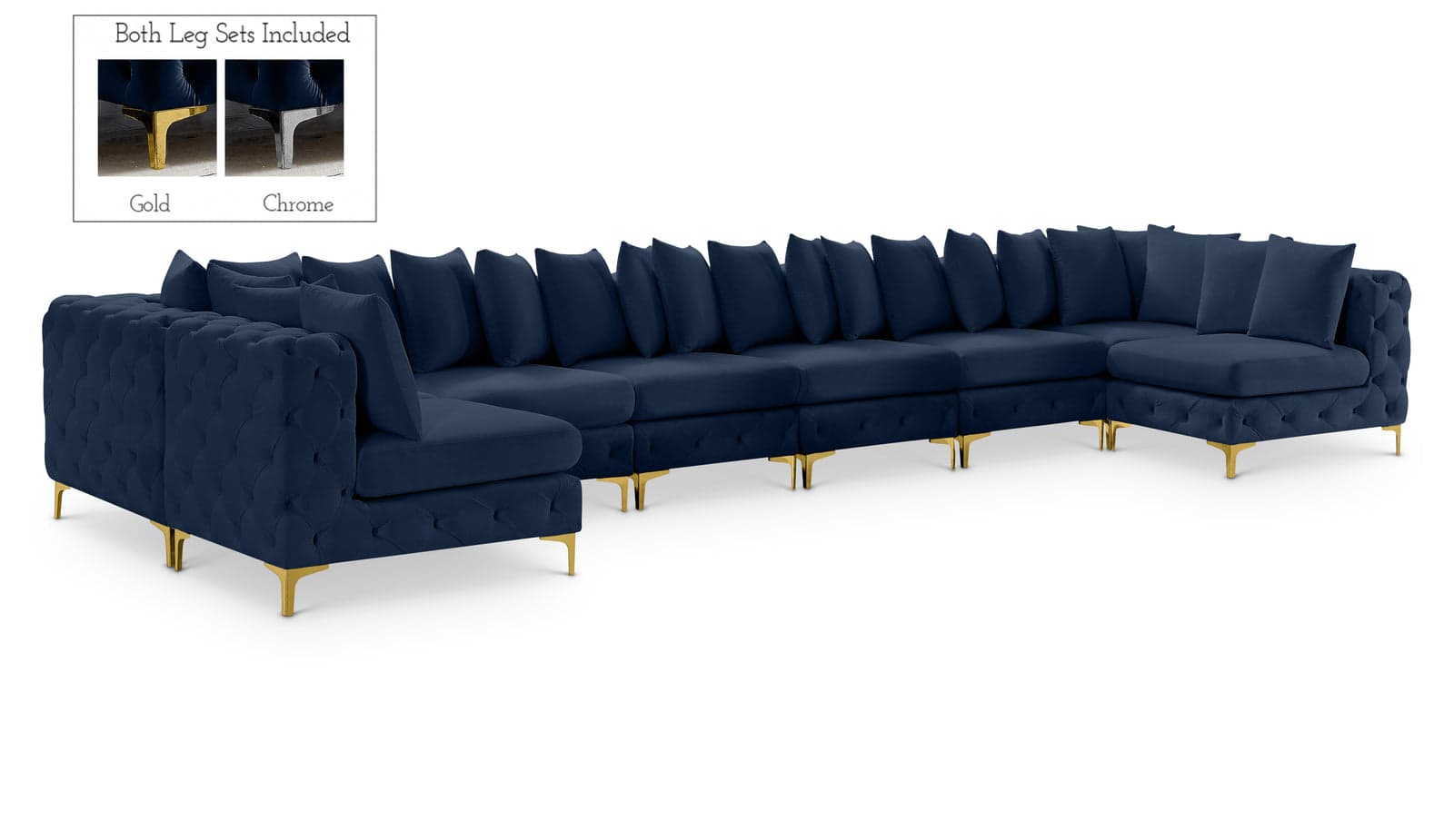 Monroe 198" Navy Velvet Upholstered Sectional, 9-Piece — Vista 1 (1/3)