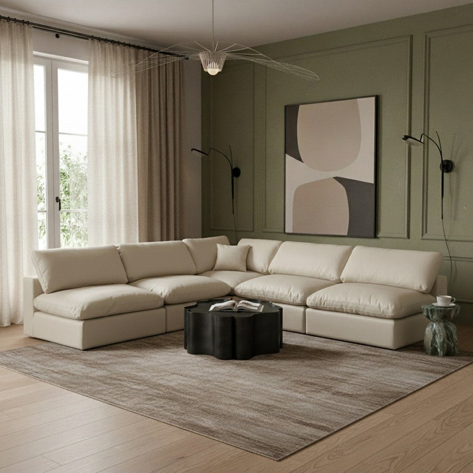Farrah 118" Cream Vegan Leather Upholstered Sectional, 5-Piece — Vista 1 (1/3)