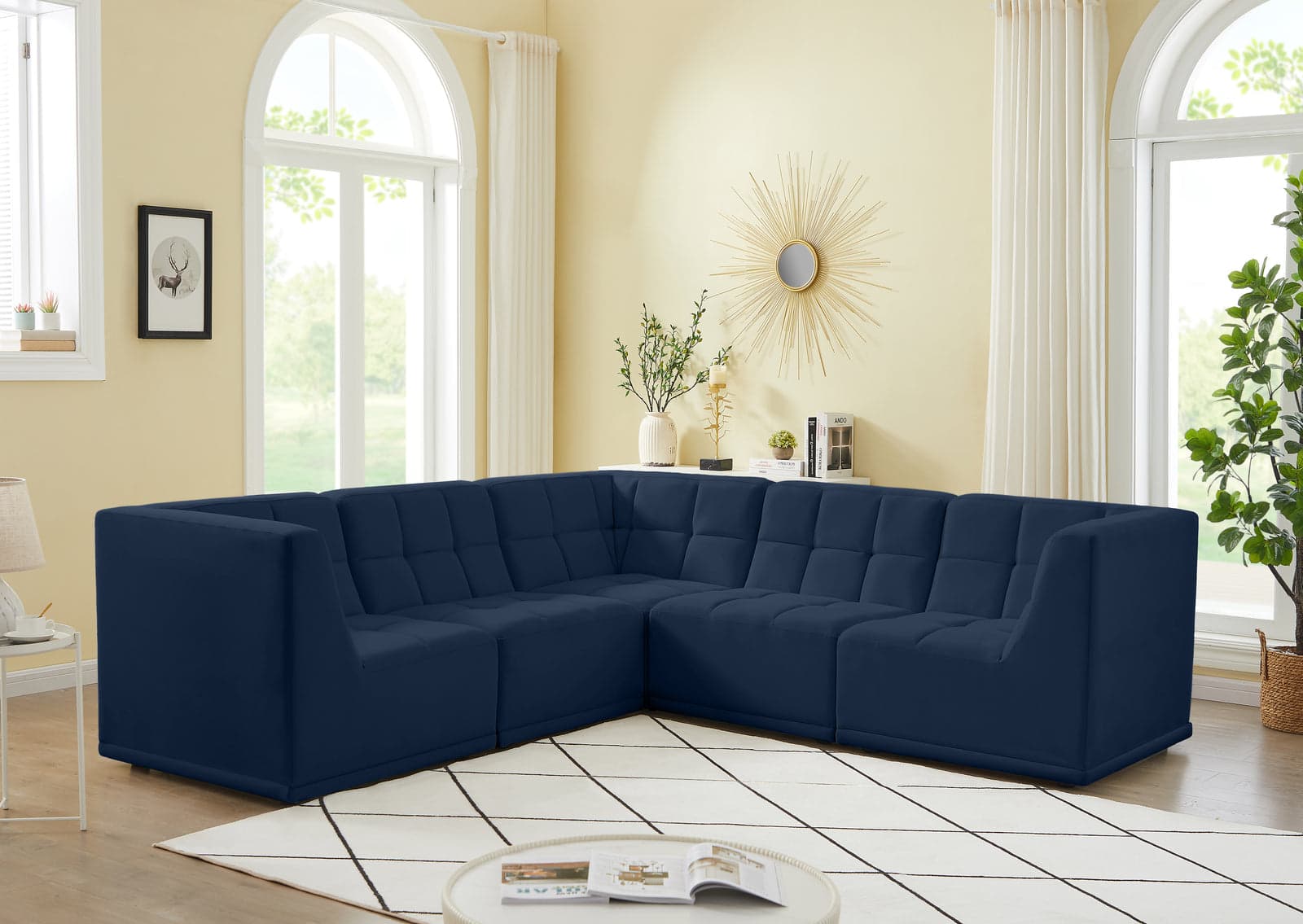 Jolie 98" Navy Velvet Upholstered Sectional, 5-Piece — Vista 1 (1/3)