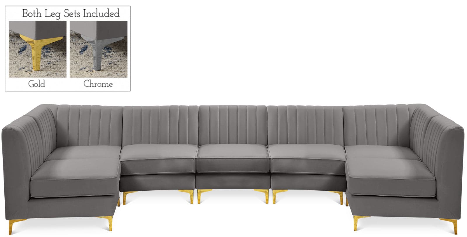 Quinn 142" Grey Velvet Upholstered Sectional, 7-Piece — Vista 1 (1/3)