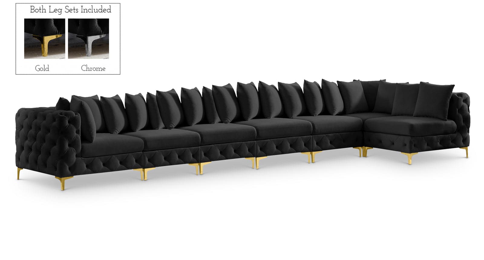 Monroe 198" Black Velvet Upholstered Sectional, 7-Piece — Vista 1 (1/3)