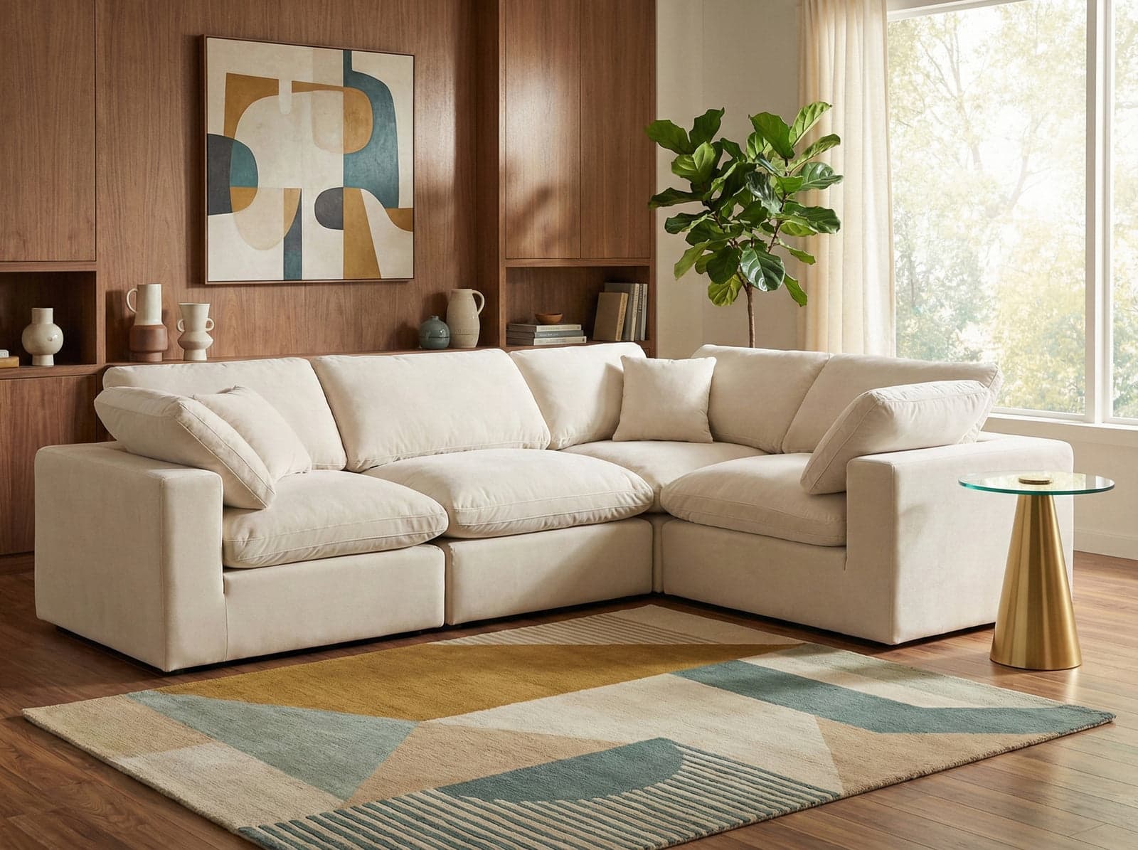 Farrah 119" Cream Velvet Upholstered Sectional, 4-Piece (Style 3) — View 1 (1/3)