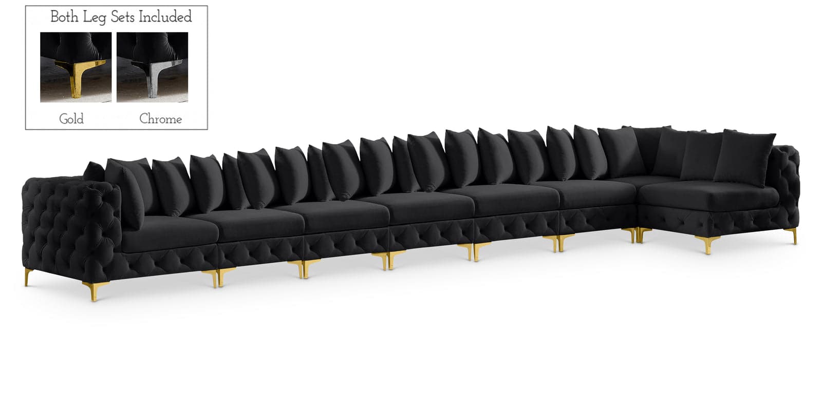 Monroe 228" Black Velvet Upholstered Sectional, 8-Piece — Vista 1 (1/3)
