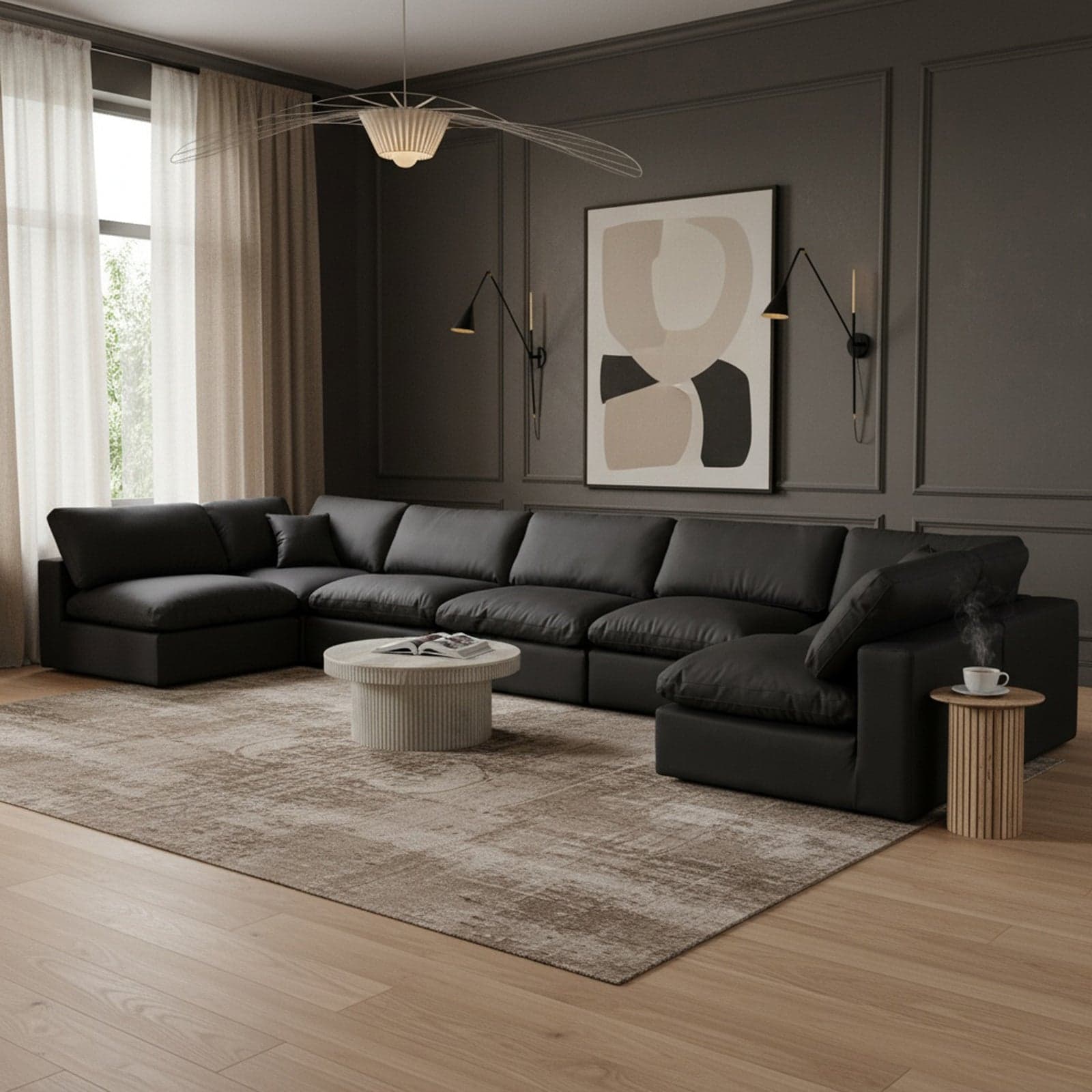 Farrah 197" Black Vegan Leather Upholstered Sectional, 7-Piece — View 1 (1/3)